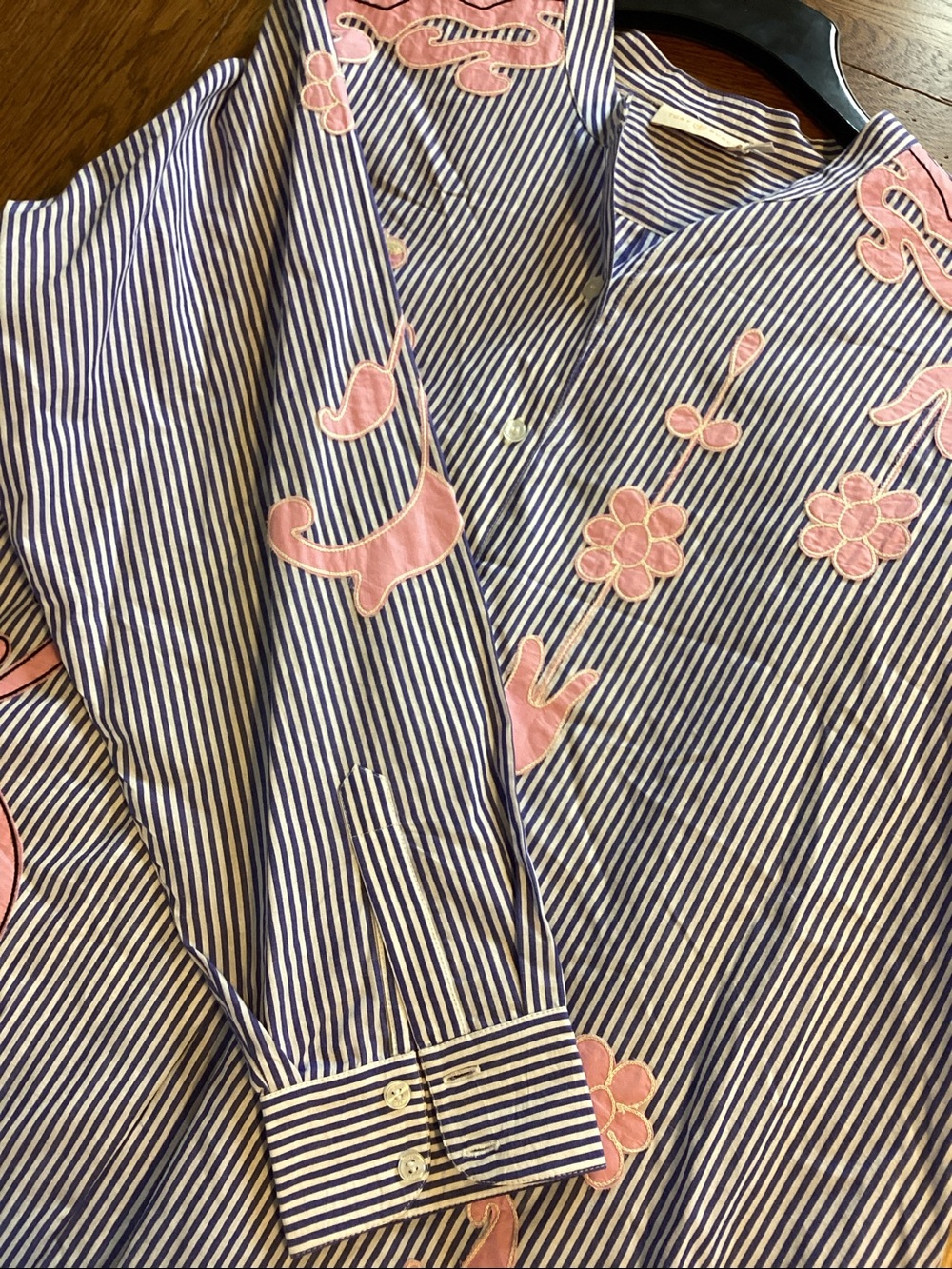 Tory Burch blue and white striped shirt dress with pink embroidered flowers. - Picture 12 of 16
